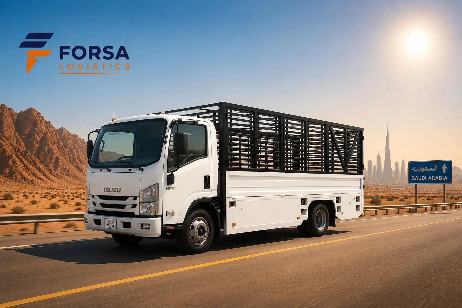 Lorry 6M — Mid-size caged lorry for livestock, packaged goods and general cargo with side rails.
